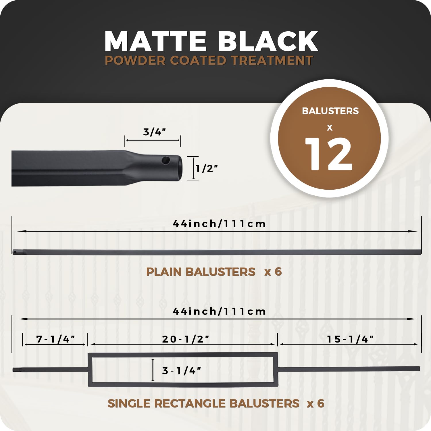 12Pack Wrought Iron Balusters 44 Inches Deck Balusters Combine 1/2" Square Plain Bar Balusters with Single Rectangle Metal Balusters Hollow Satin Black, GRMIKBU GB04