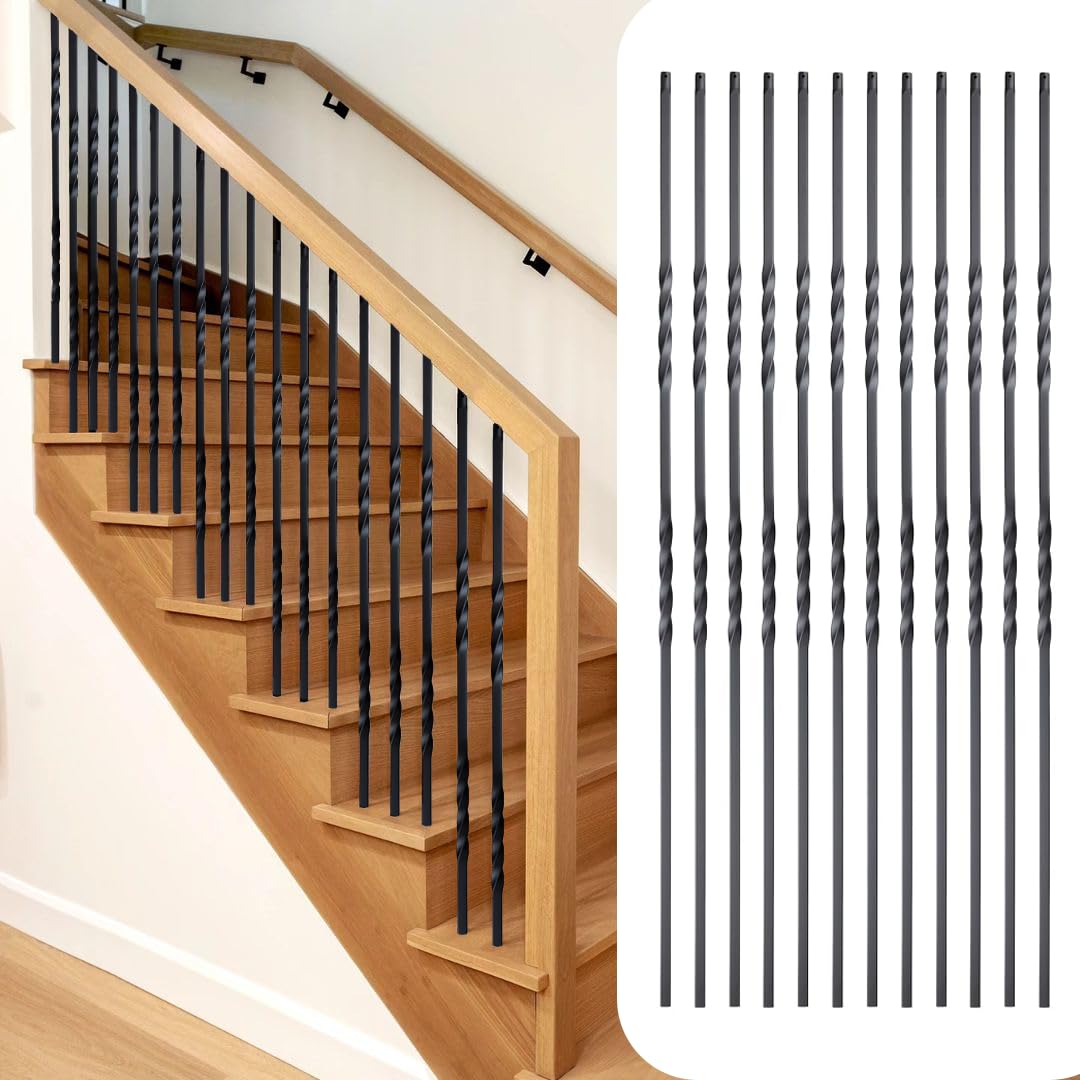 12Pack Wrought Iron Balusters 44 Inches Deck Balusters Combine 1/2" Square Plain Bar Balusters with Single Rectangle Metal Balusters Hollow Satin Black, GRMIKBU GB04