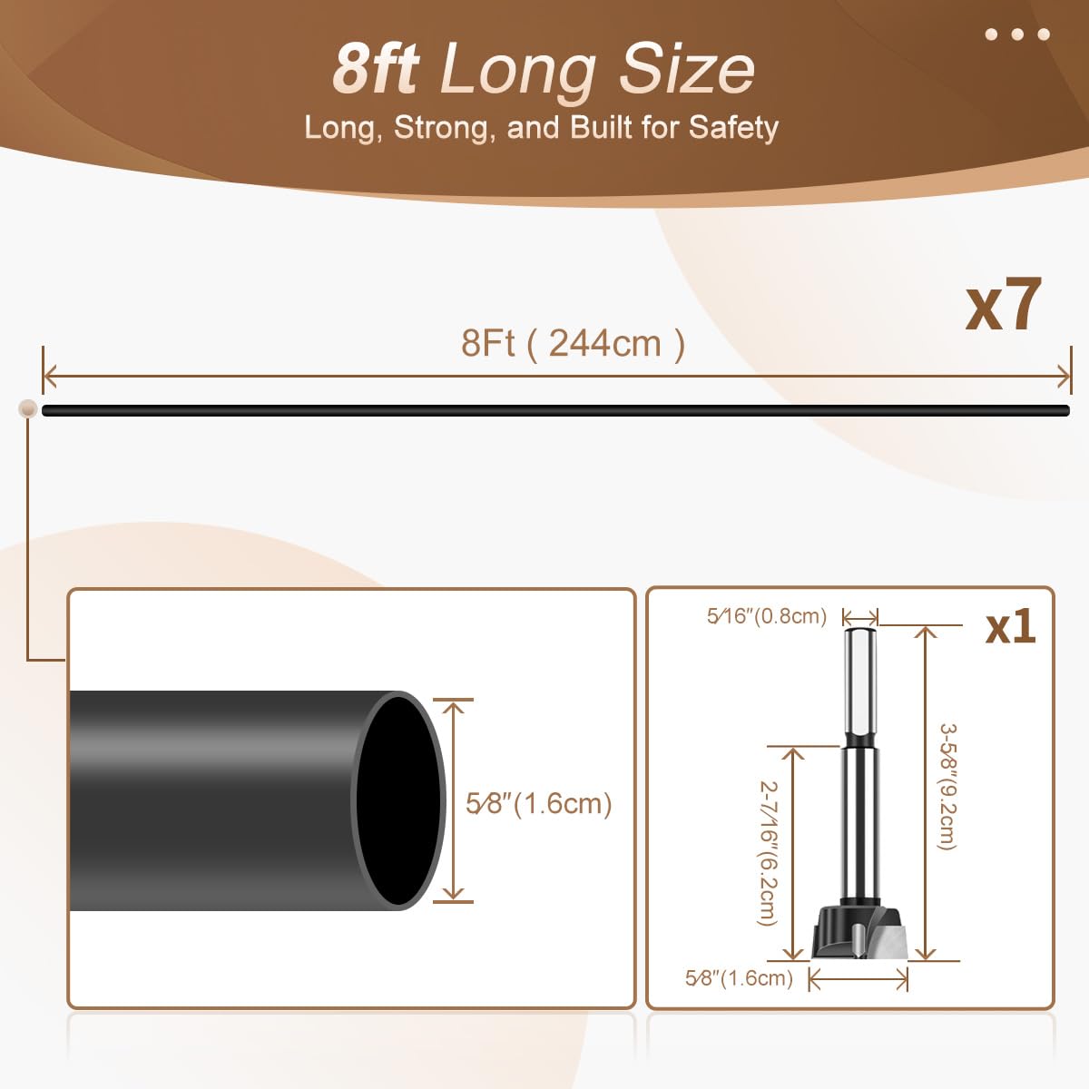 7 Pack 8 FT x 5/8 inch Iron Stair Balusters Round Horizontal Bar, Matte Black Hollow for Indoor Staircase
