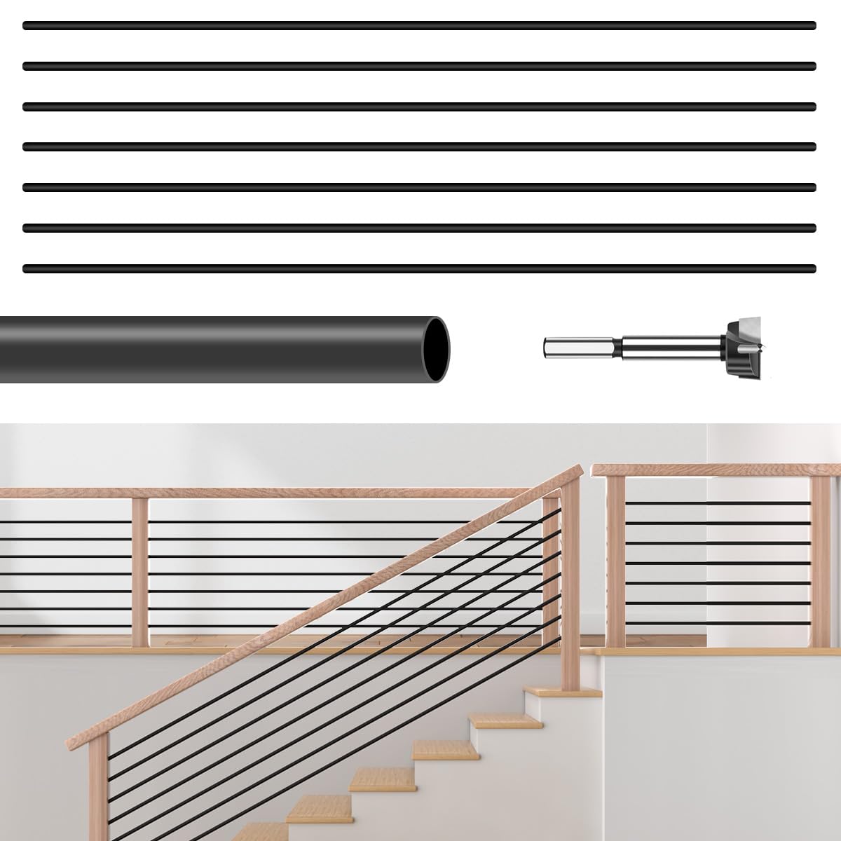 7 Pack 8 FT x 5/8 inch Iron Stair Balusters Round Horizontal Bar, Matte Black Hollow for Indoor Staircase