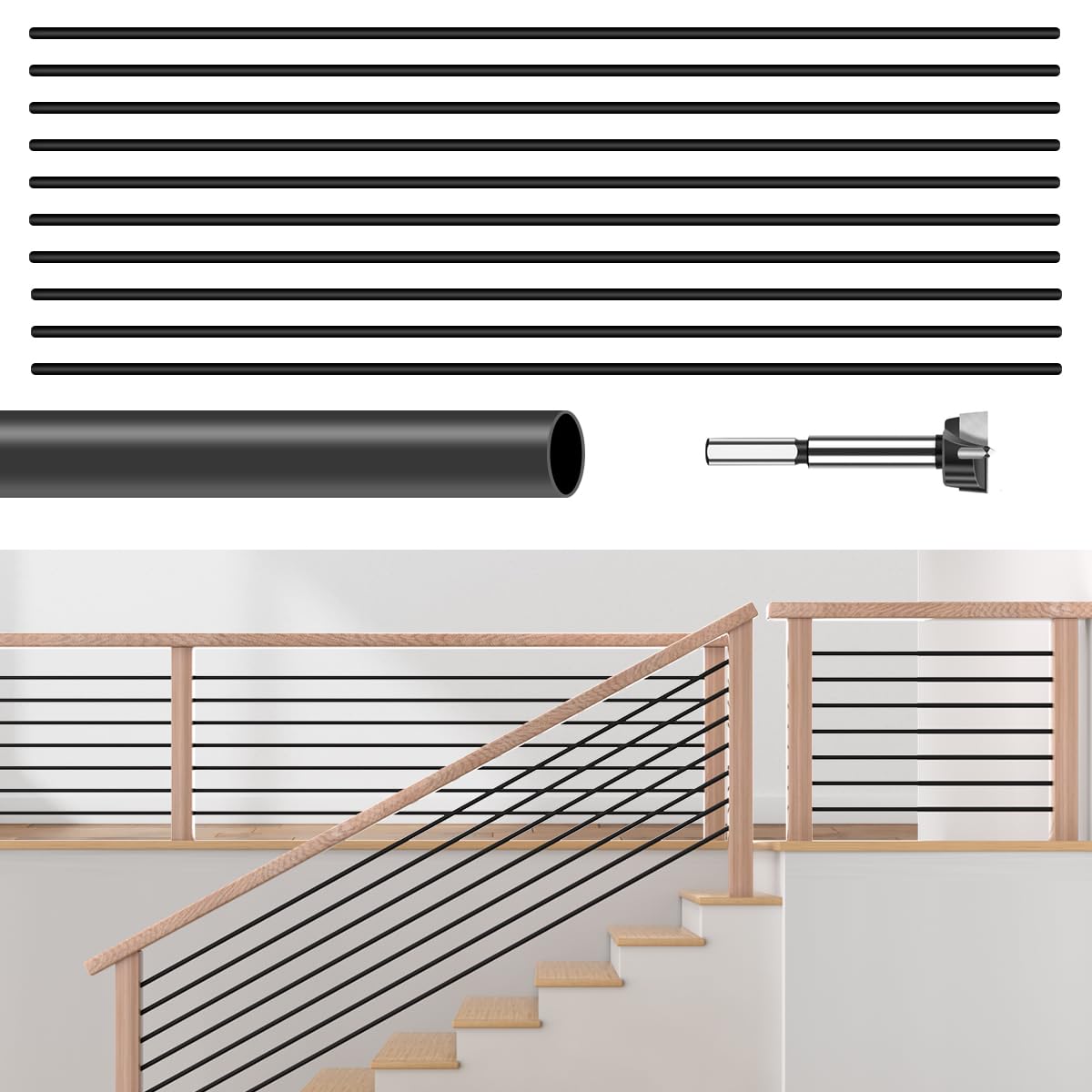 7 Pack 8 FT x 5/8 inch Iron Stair Balusters Round Horizontal Bar, Matte Black Hollow for Indoor Staircase