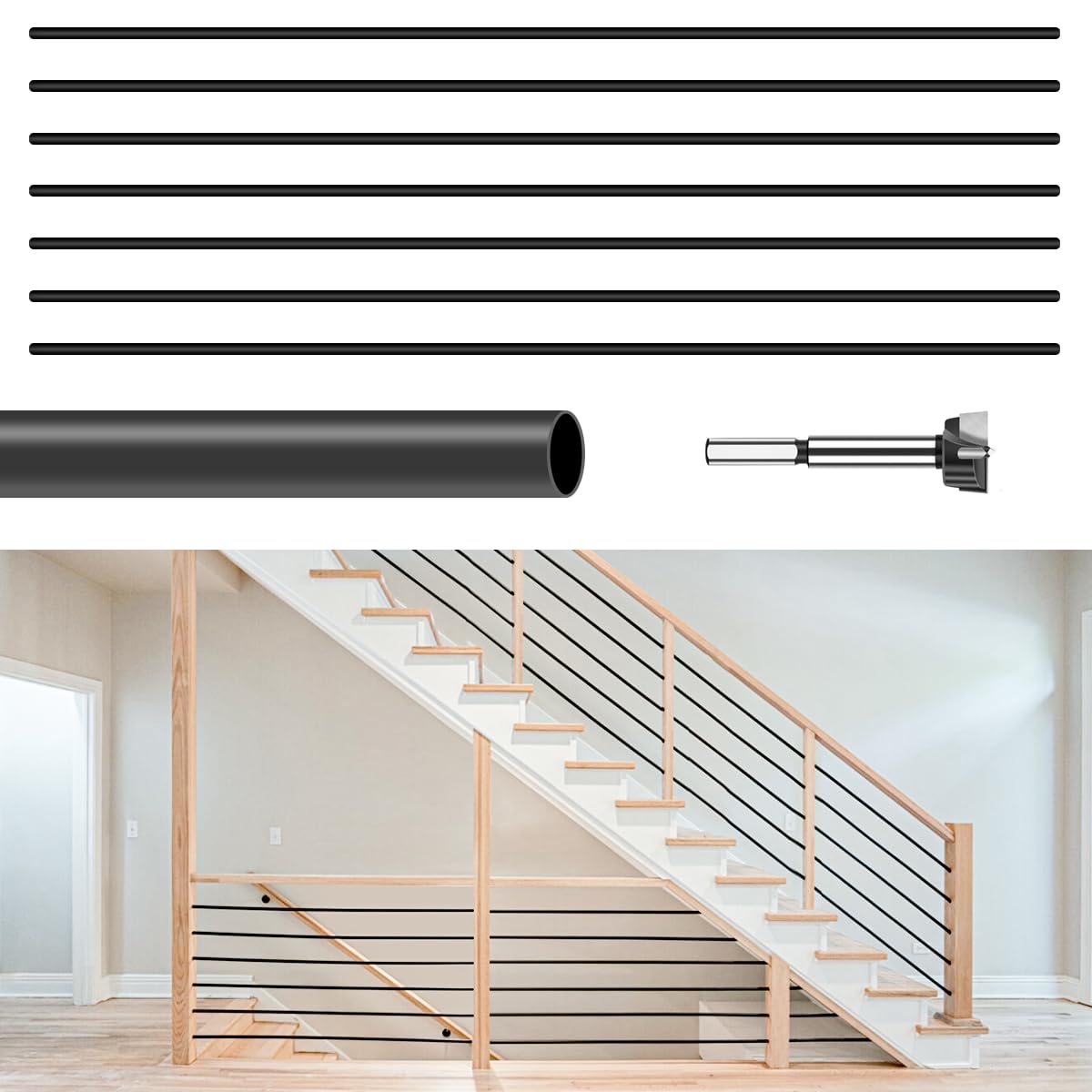7 Pack 8 FT x 5/8 inch Iron Stair Balusters Round Horizontal Bar, Matte Black Hollow for Indoor Staircase