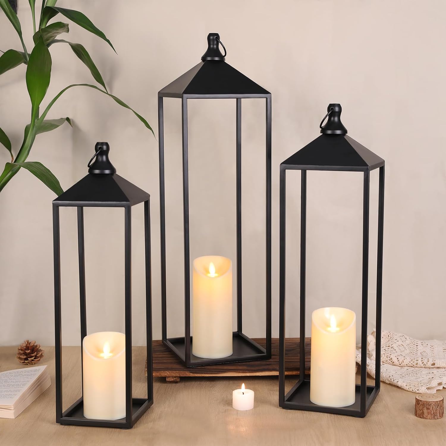 22'' 19'' Large Lanterns Decorative Outdoor Indoor, Set of 2 Black Metal Candle Lanterns Halloween Lanterns Modern Farmhouse Floor Lanterns Decorative for Home Decor, Mantle, Patio, Porch, Garden