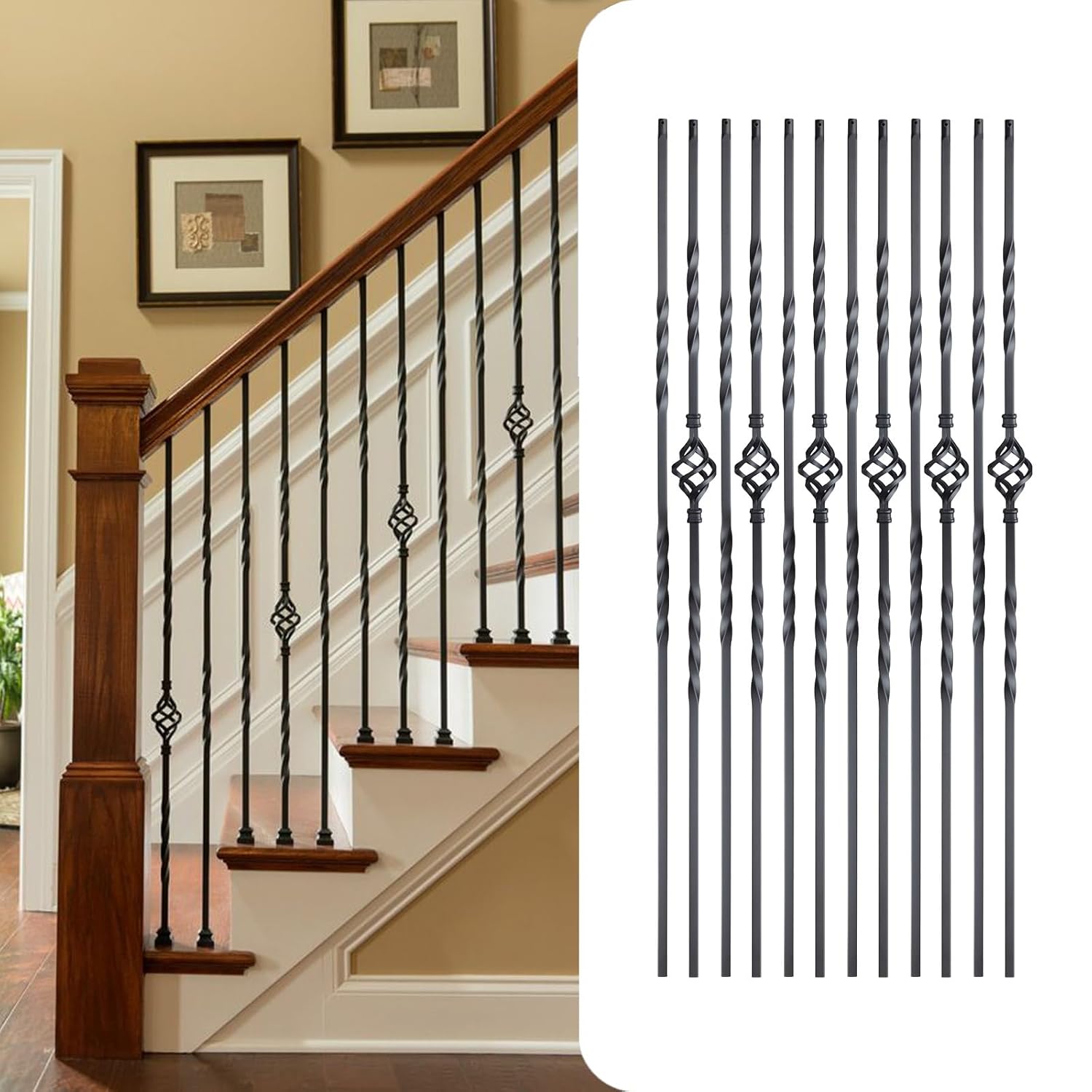 12Pack Wrought Iron Balusters 44 Inches Deck Balusters Combine 1/2" Square Plain Bar Balusters with Single Rectangle Metal Balusters Hollow Satin Black, GRMIKBU GB04