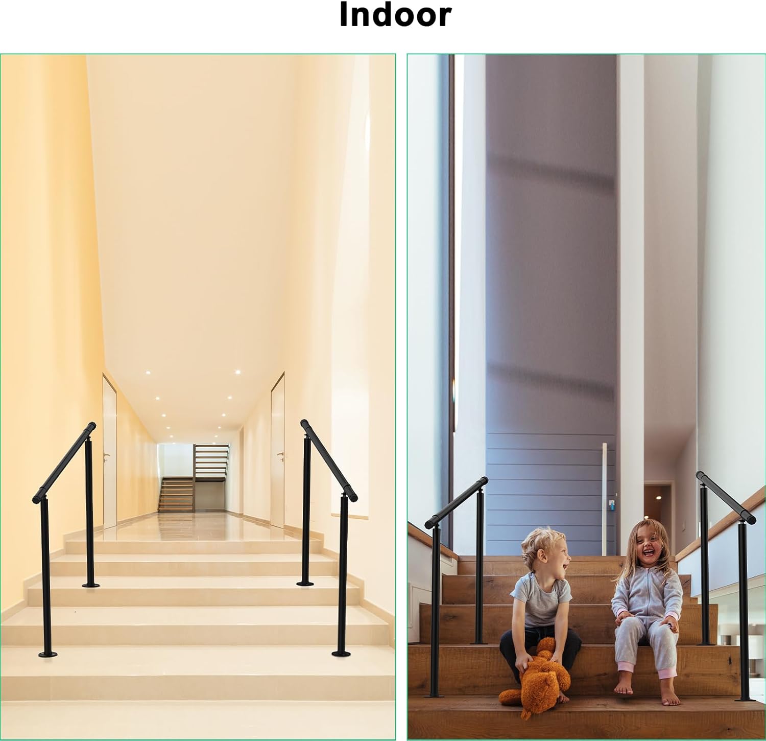 2 Pack Handrails for Outdoor Steps,2 to 3 Steps HandRail Outdoor Stair Railing, Metal Porch Railing, Deck Hand Rail, Black Wrought Iron Railing with Installation Kit for Concrete Steps