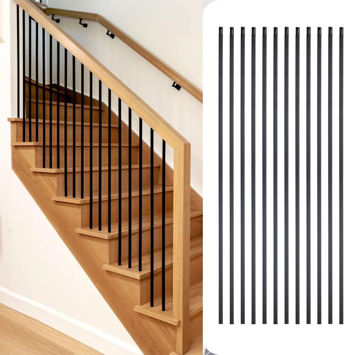 12Pack Wrought Iron Balusters 44 Inches Deck Balusters Combine 1/2" Square Plain Bar Balusters with Single Rectangle Metal Balusters Hollow Satin Black, GRMIKBU GB04