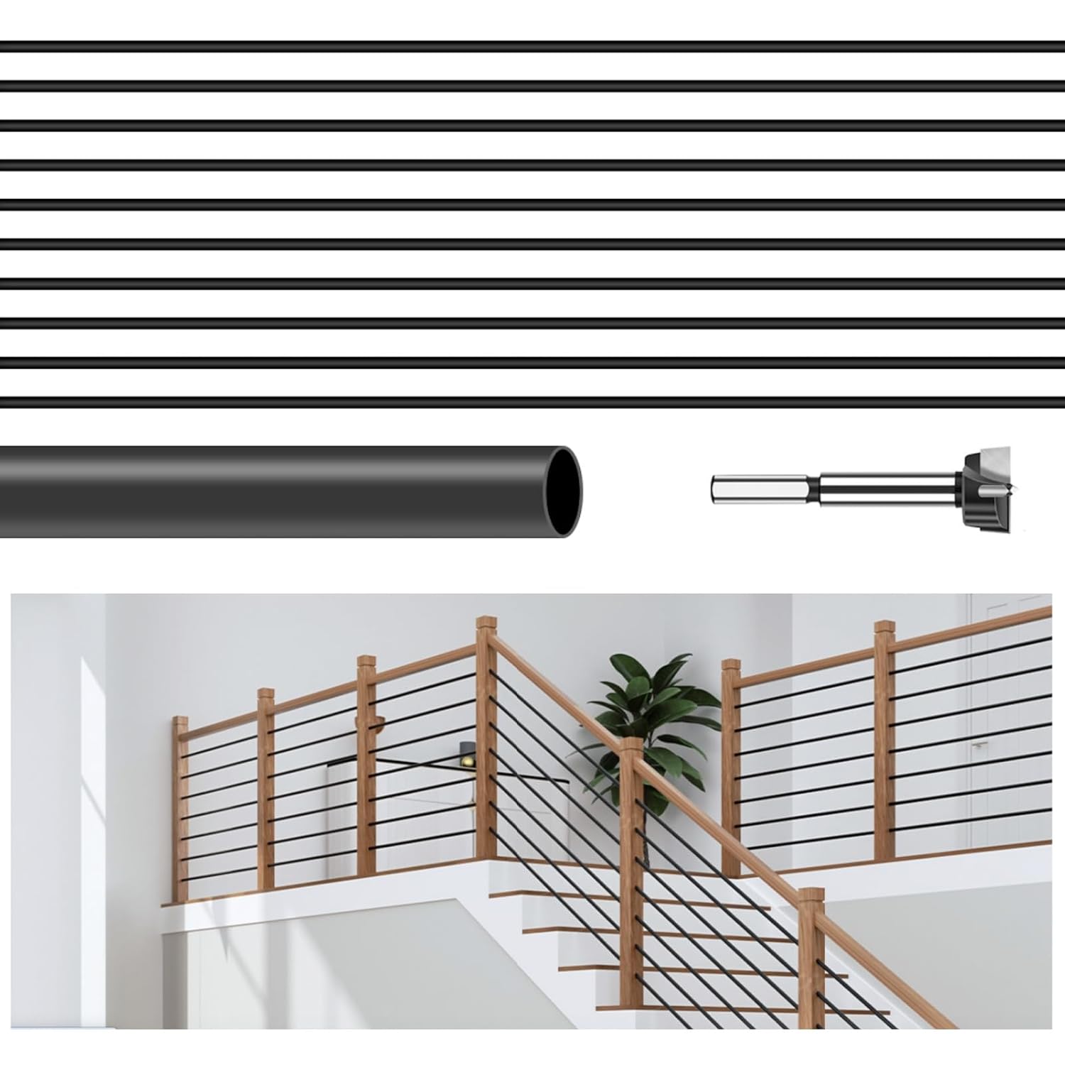 7 Pack 8 FT x 5/8 inch Iron Stair Balusters Round Horizontal Bar, Matte Black Hollow for Indoor Staircase