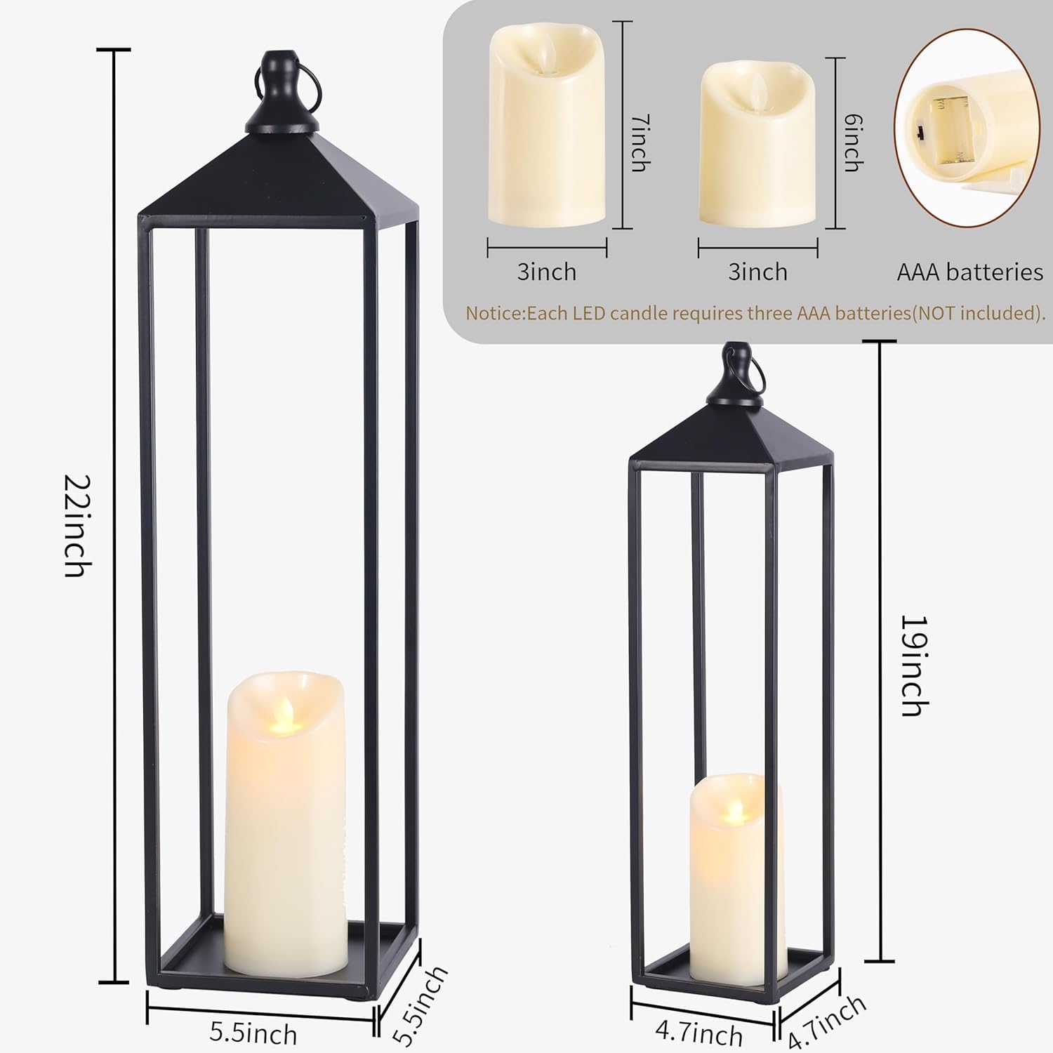 22'' 19'' Large Lanterns Decorative Outdoor Indoor, Set of 2 Black Metal Candle Lanterns Halloween Lanterns Modern Farmhouse Floor Lanterns Decorative for Home Decor, Mantle, Patio, Porch, Garden