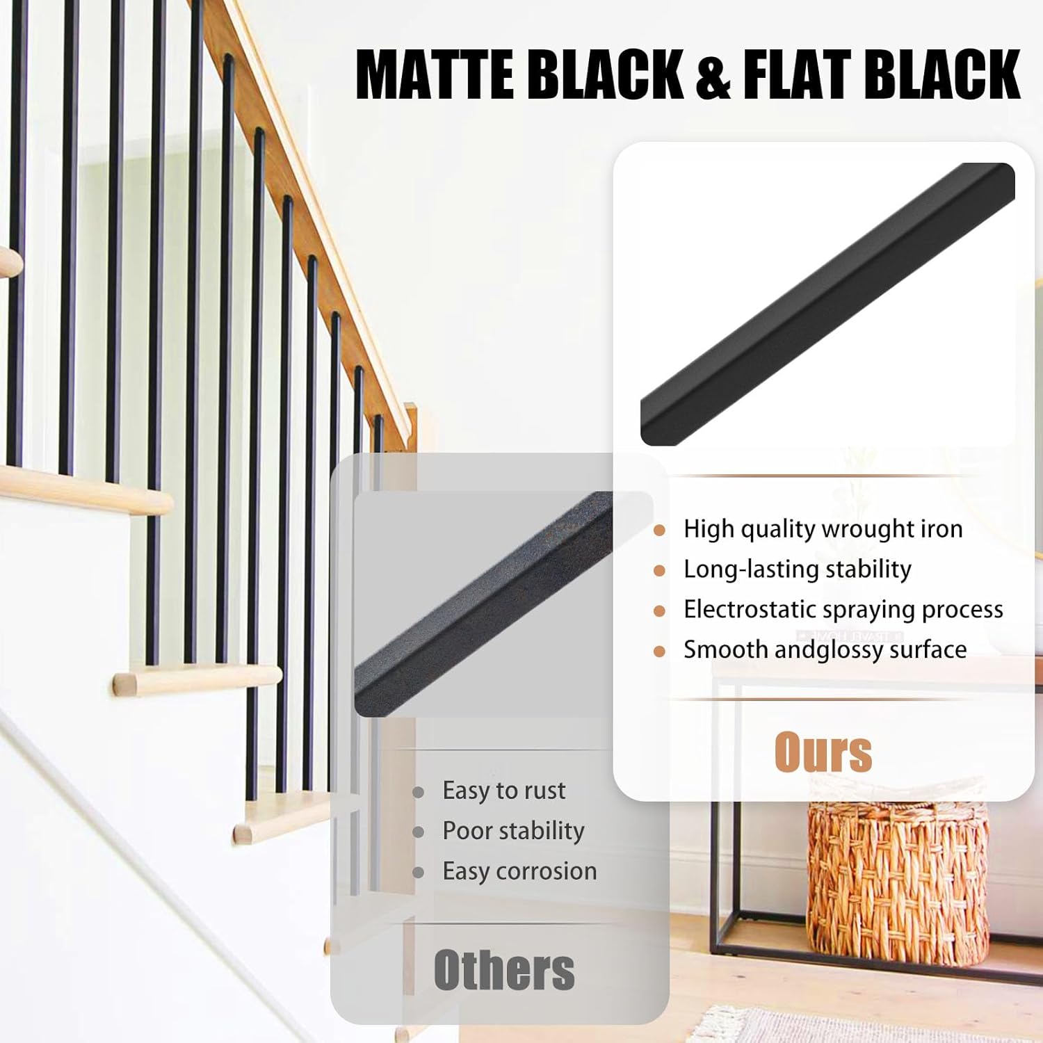 30 Pack 44'' Wrought Iron Balusters, Hollow Straight Bar Metal Baluster for Decks, Iron Balusters for Staircase Interior Decorative Stair Deck Railing 1/2-inch Satin Black Deck Spindles