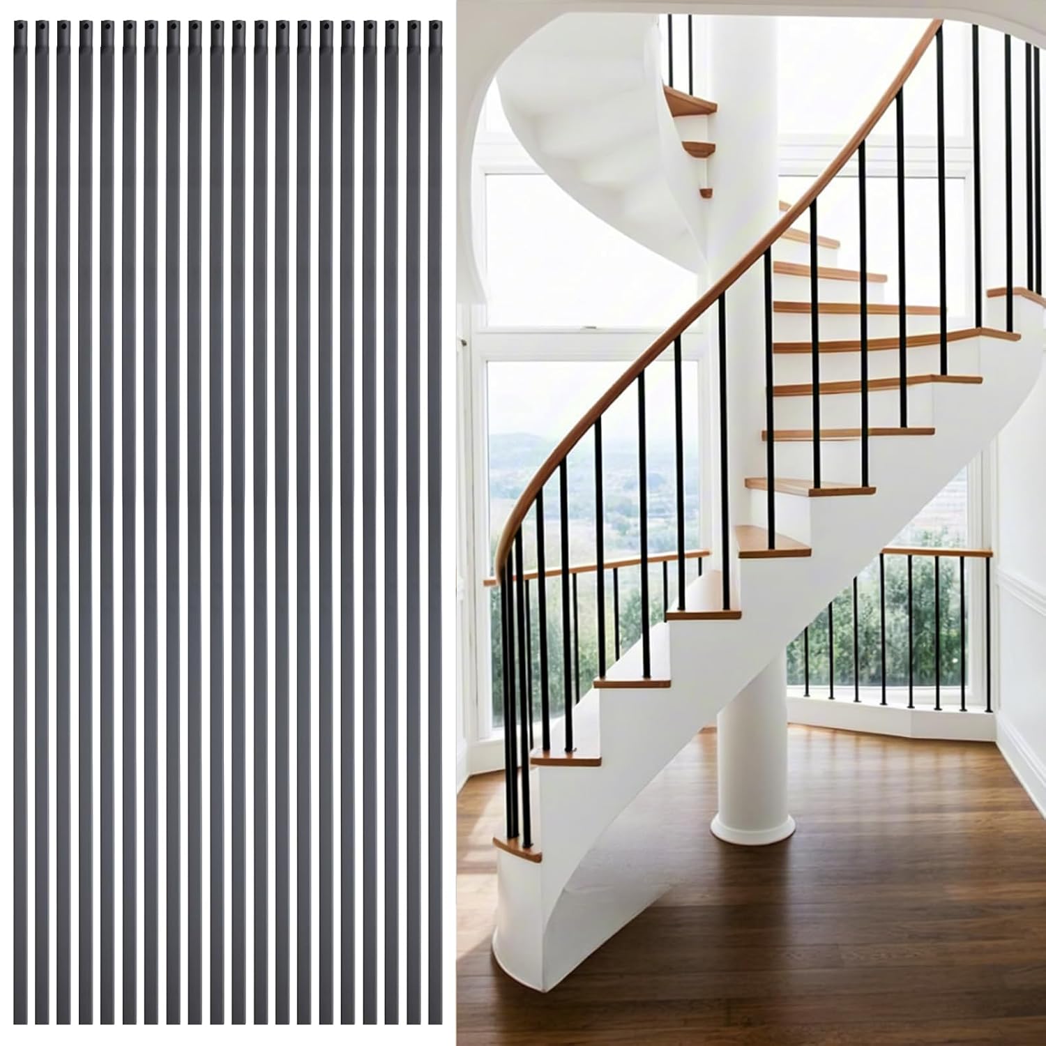 12Pack Wrought Iron Balusters 44 Inches Deck Balusters Combine 1/2" Square Plain Bar Balusters with Single Rectangle Metal Balusters Hollow Satin Black, GRMIKBU GB04