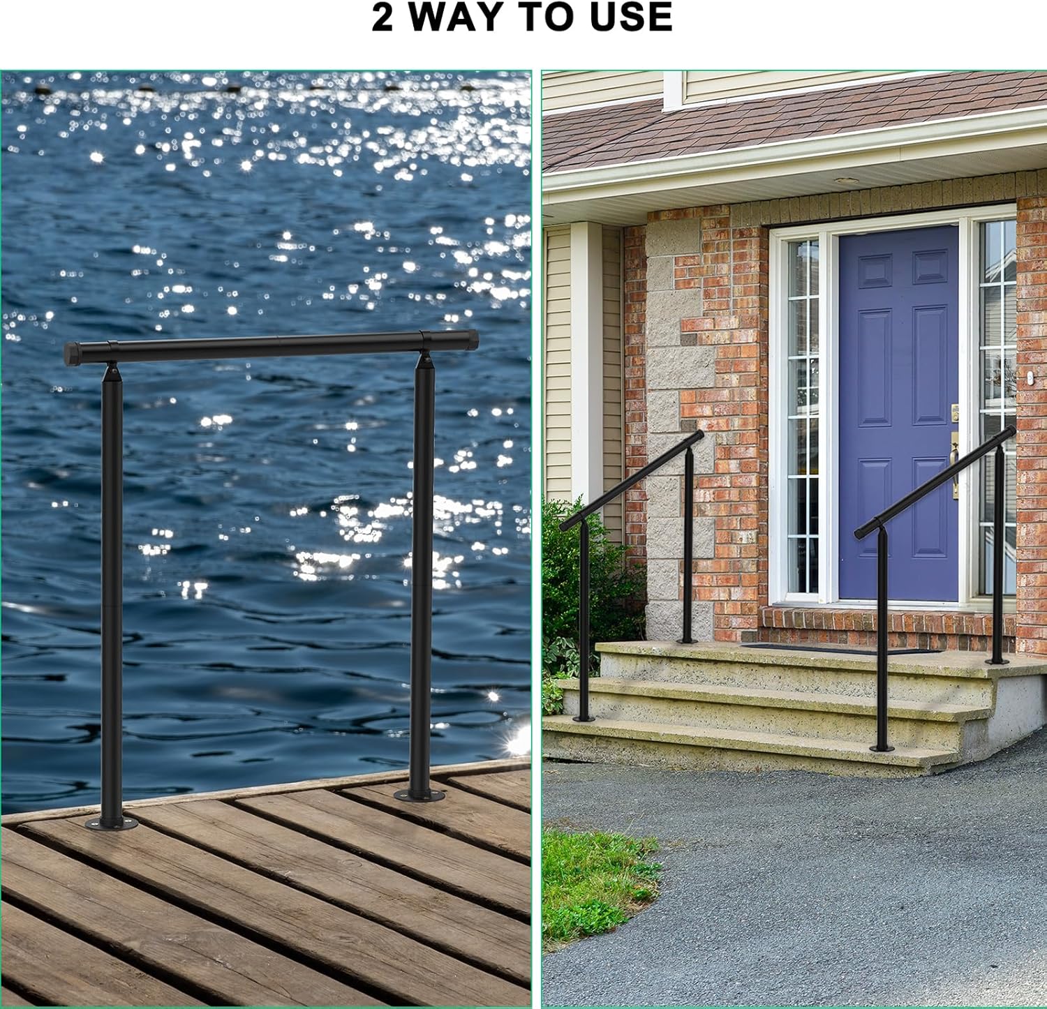 2 Pack Handrails for Outdoor Steps,2 to 3 Steps HandRail Outdoor Stair Railing, Metal Porch Railing, Deck Hand Rail, Black Wrought Iron Railing with Installation Kit for Concrete Steps